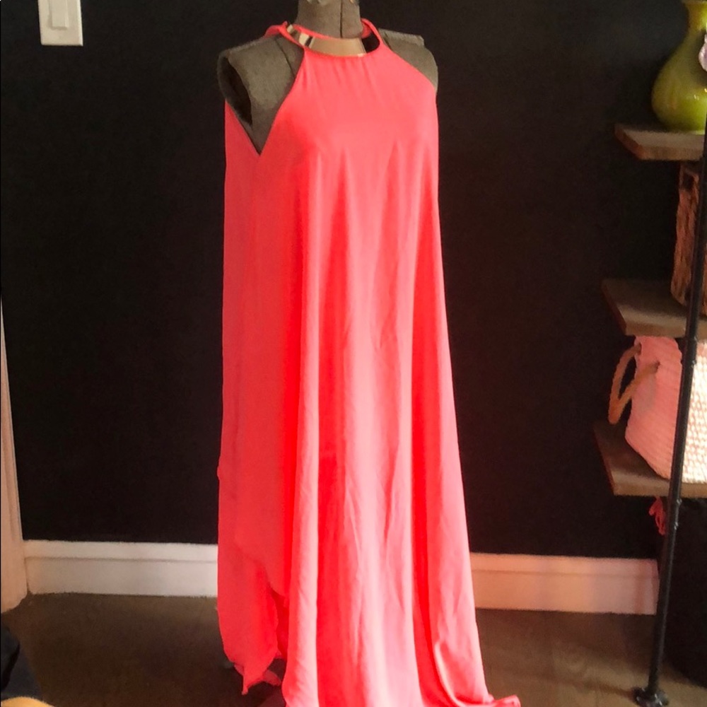 Neon pink halter dress with necklace